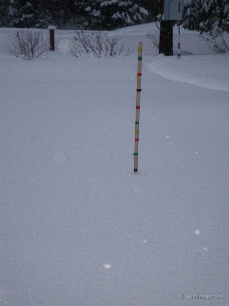 IMGP2757.JPG - Snöpinnen skvallrar om att det kommit lite snö. Svart vid 50 resp 100 cm Grönt på jämna och rött på ojämna, samt gul kompletterar på 25, 75 och 125 cm. Fast det har nog kunnat varit en kortare pinne i år...