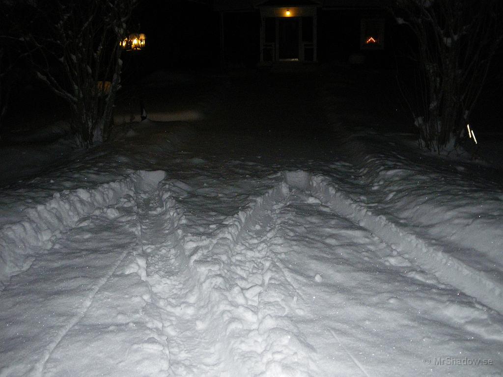 IMGP5445.JPG - 2011-01-02  "--Någon har kört på min uppfart.." Kom upp sent söndagkväll för att skotta snö och vattna blommor. Det är nästan 15cm nysnö på uppfarten.